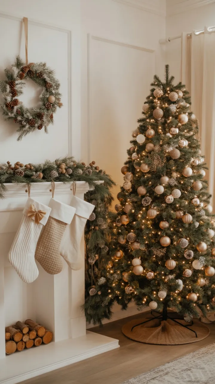 Timeless neutral Christmas with lush tree, gold ornaments and rustic mantel
