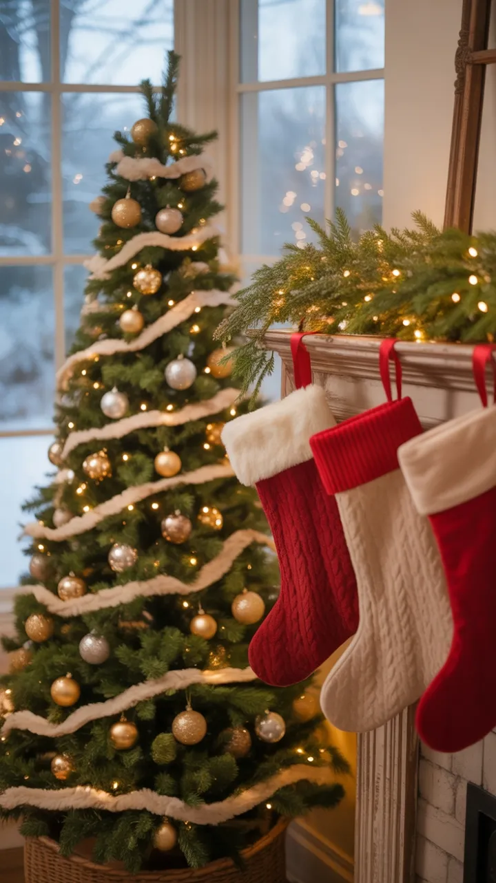 Twinkling Evergreen and Cozy Hearth on a Snowy Christmas Night