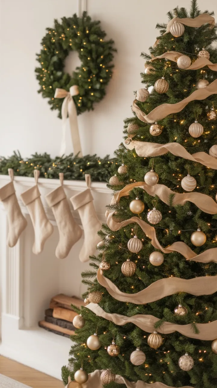 Cozy Neutral Christmas with Champagne Ornaments and Linen Stockings