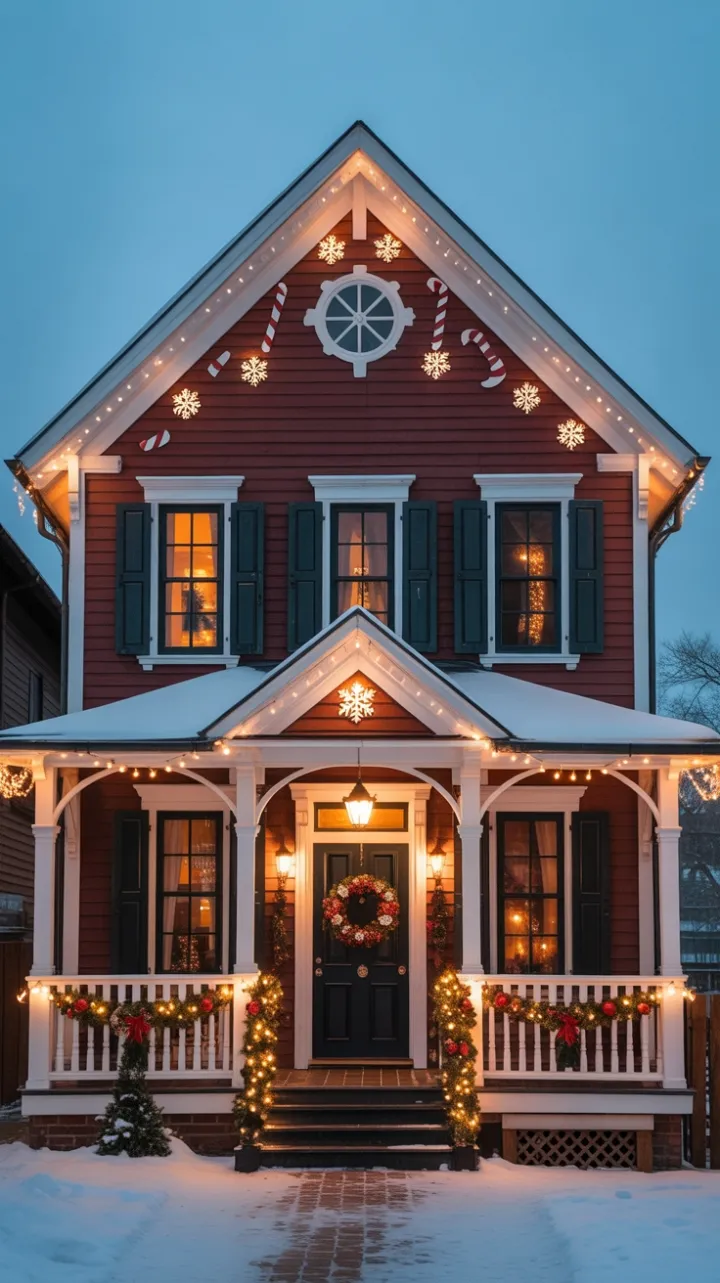 Snow-Kissed Red Victorian Wrapped in Christmas Glow
