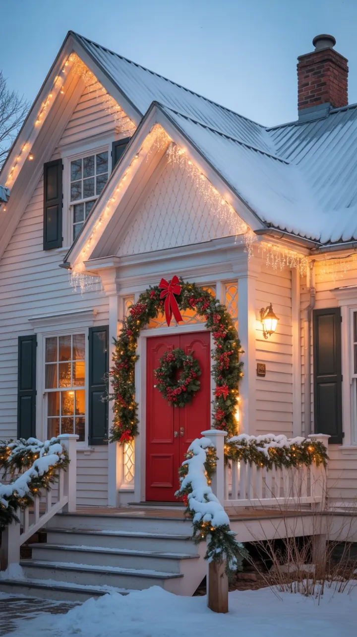 Snow-Kissed Victorian Cottage with Red Door and Twinkling Lights