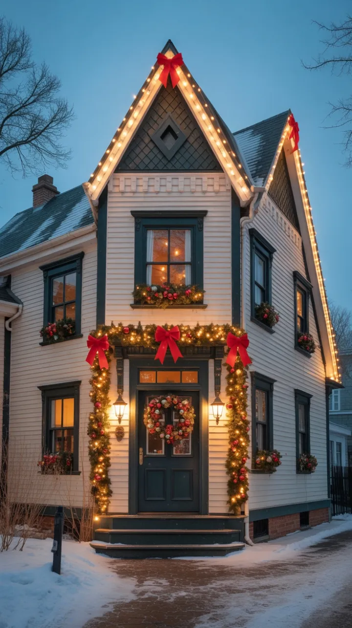 Snow-Kissed Victorian Adorned in Twinkling Christmas Lights