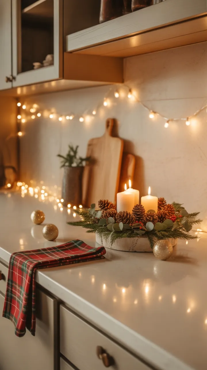 Kitchen Counter Holiday Glow with Pinecones, Plaid and Candlelight