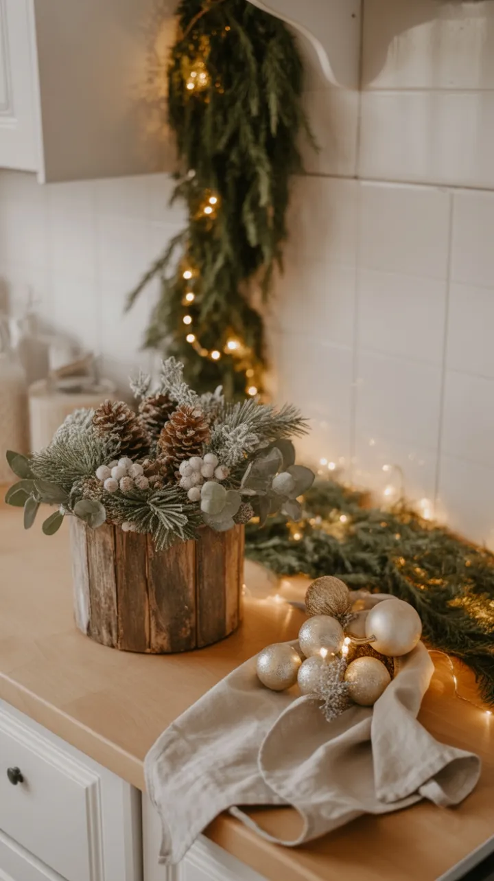Cozy Neutral Holiday Kitchen with Rustic Pinecone Centerpiece