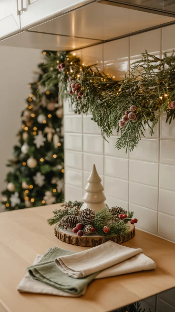 Warm Holiday Kitchen Adorned with Pine Garland and Twinkling Lights