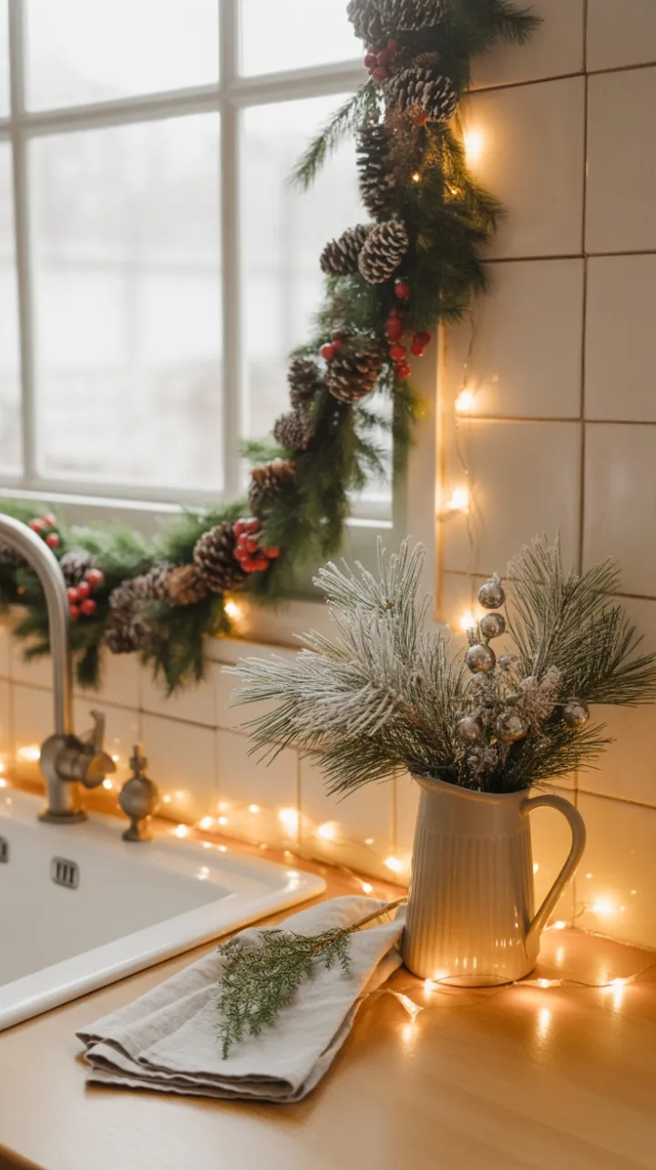 Cozy Christmas Countertop Dressed in Pinecones, Berries and Soft Lights