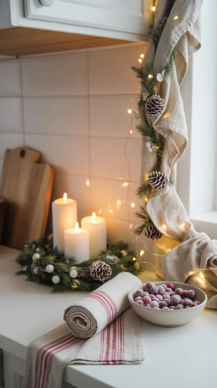 Linen Garland and Candlelight on a Cozy Christmas Countertop