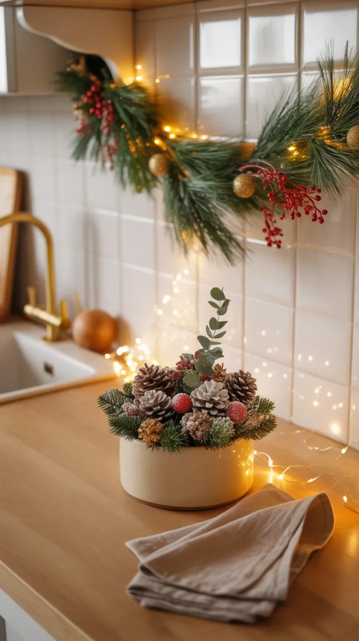 Golden Glow Holiday Countertop with Pine, Berries, and Eucalyptus