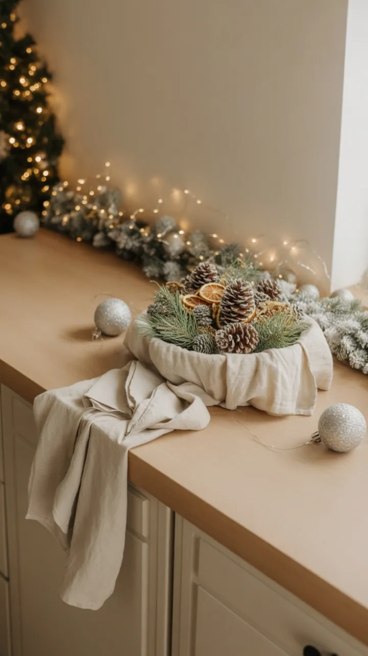 Warm Neutral Christmas Kitchen with Linen Centerpiece and Soft Twinkle Lights