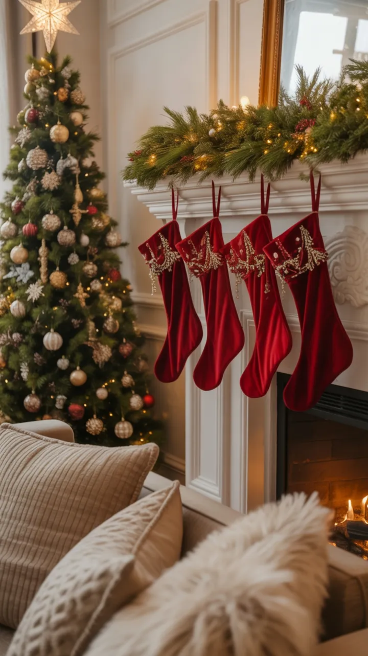 Velvet Stockings and Twinkling Lights on a Cozy Christmas Hearth