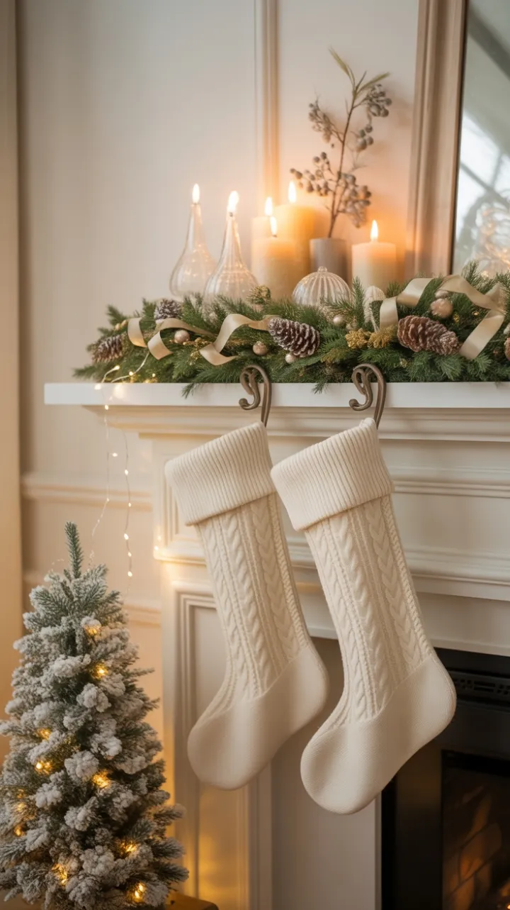 Cozy Neutral Christmas Mantel Bathed in Fireplace Glow