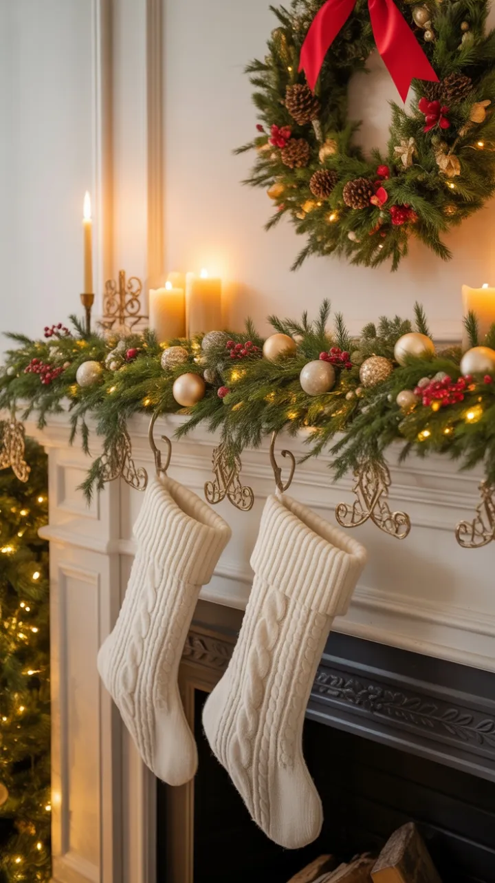 Candlelit Christmas Mantel Draped in Evergreen and Golden Light