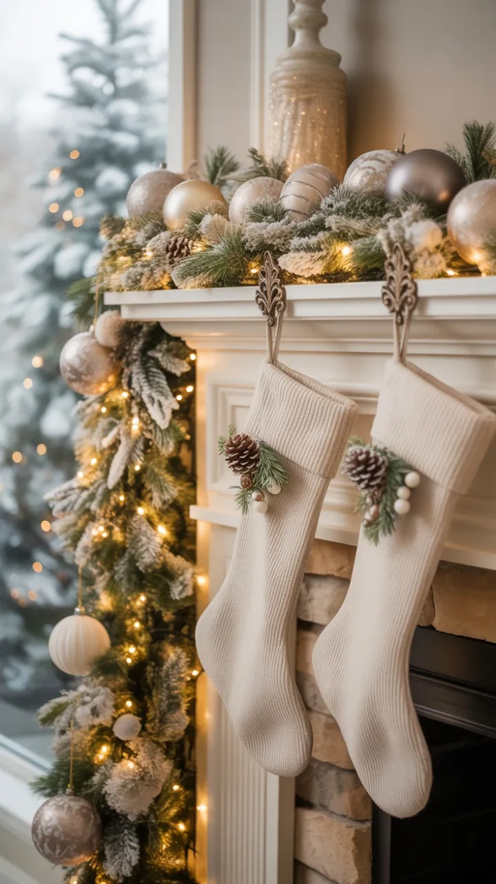 Cozy Neutral Holiday Mantel with Frosted Garland and Twinkling Lights