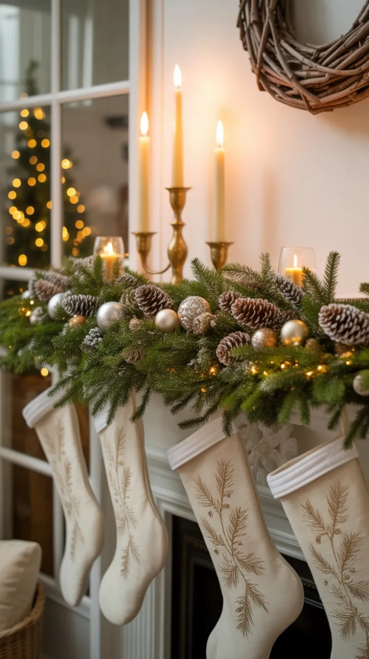 Frosted Garland and Golden Stockings in Candlelit Warmth