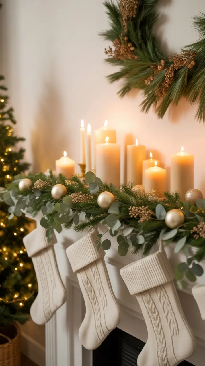 Softly Lit Neutral Christmas Mantel Adorned with Pine, Gold, and Candlelight