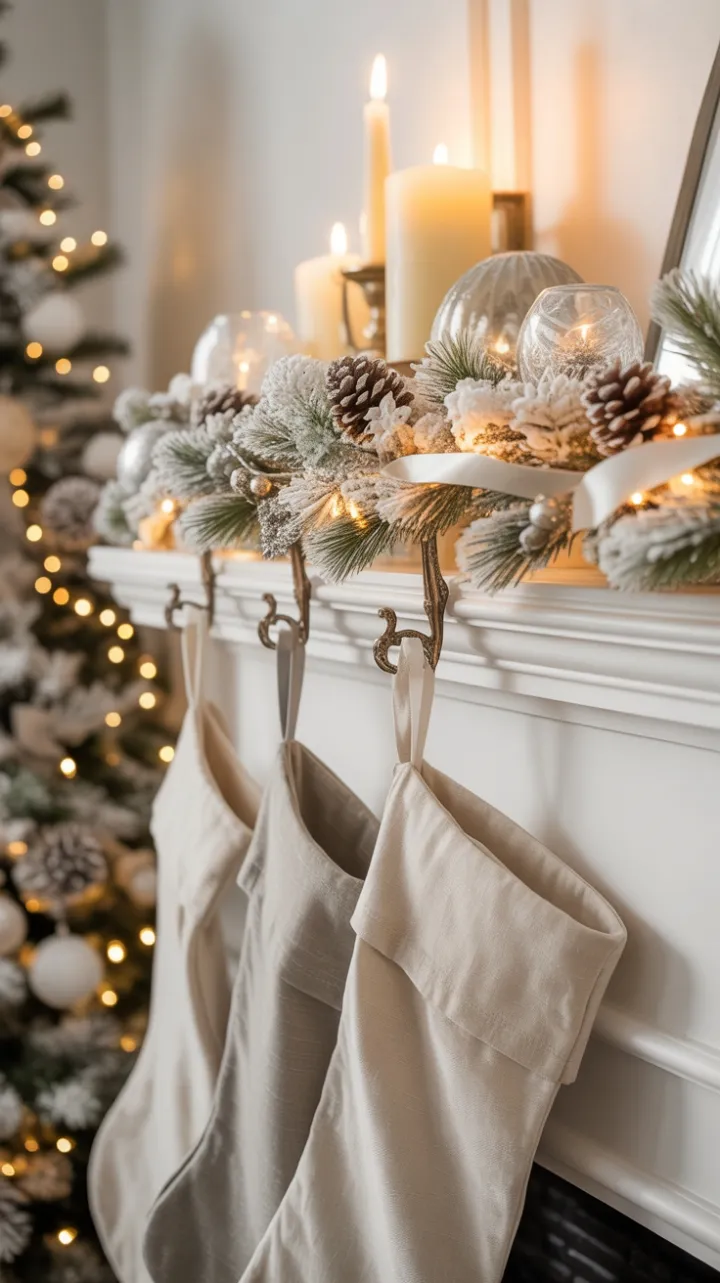 Cozy Neutral Christmas Mantel with Cream Garland and Linen Stockings