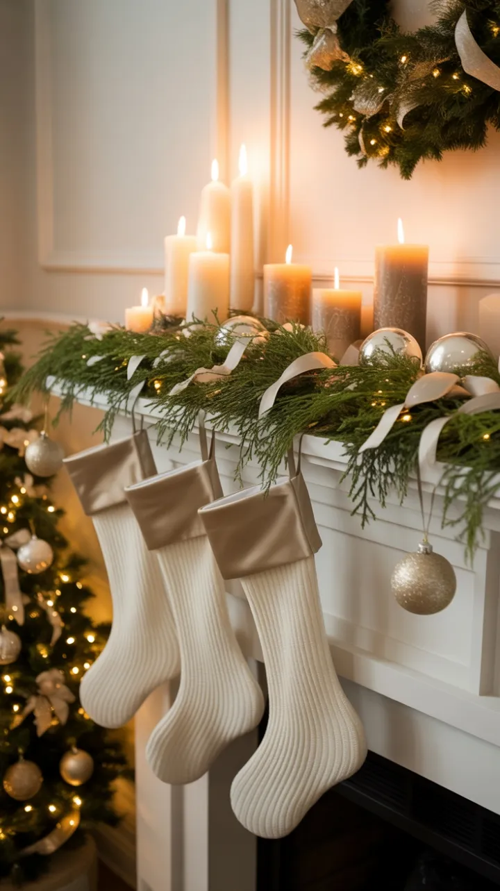 Champagne and Cream Candlelit Christmas Mantel