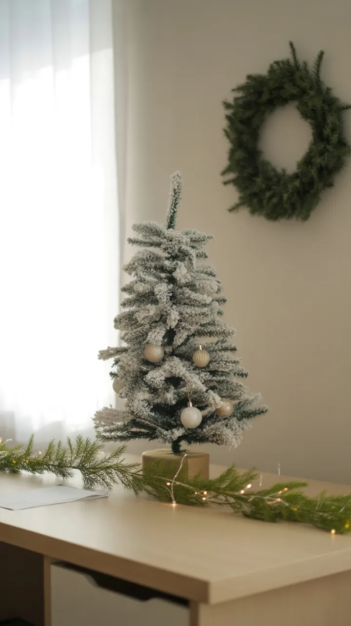 Serene Minimalist Christmas Desk with Flocked Tree