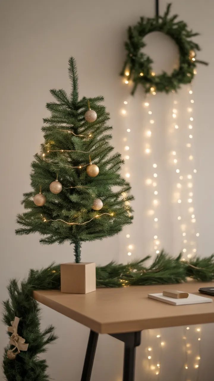 Warm Minimalist Holiday Desk Adorned in Gold and Light