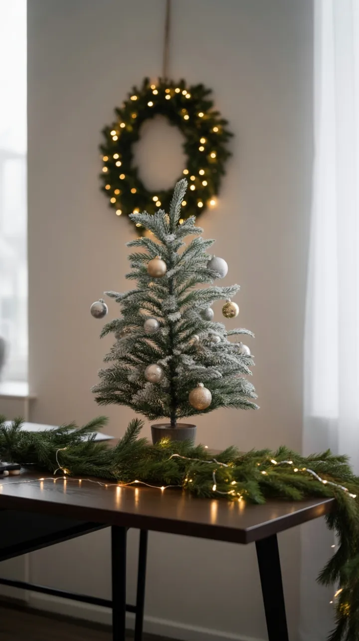 Minimalist Christmas Desk Bathed in Soft Holiday Glow