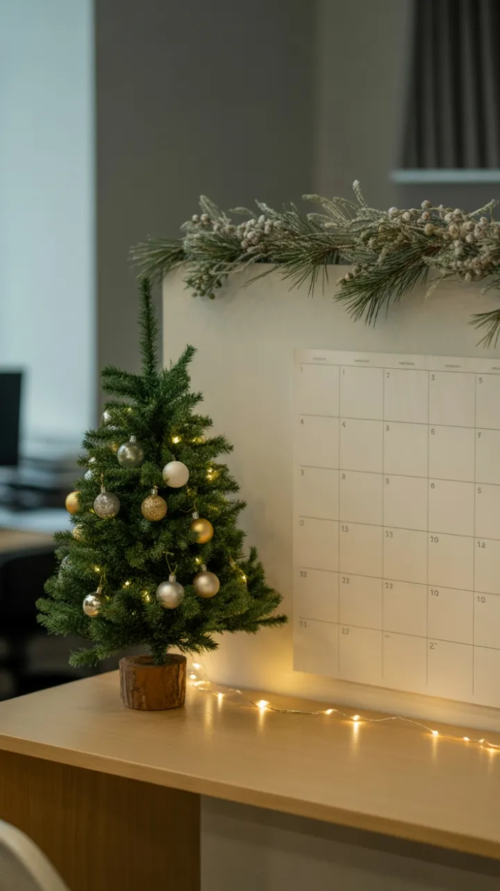 Minimalist Holiday Desk with Elegant Mini Fir and Warm Fairy Lights
