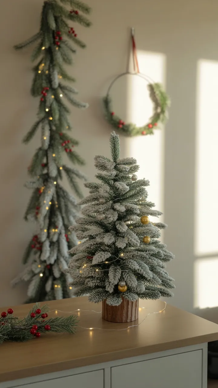 Cozy Desk Holiday with Snow-Kissed Mini Pine and Twinkling Lights