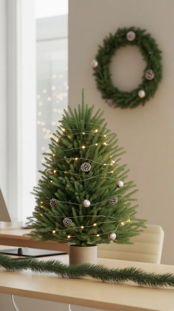 Twinkling Minimalist Christmas Desk with a Perfectly Symmetrical Evergreen