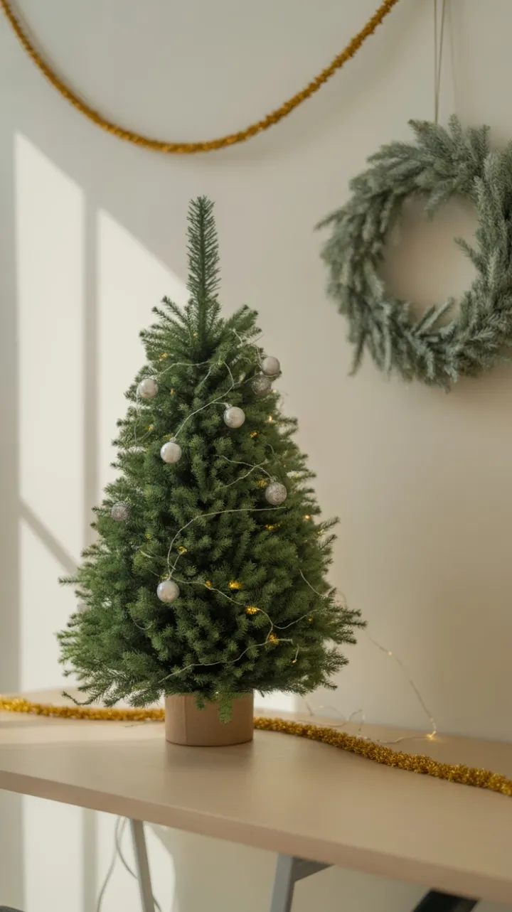 Serene Minimalist Christmas Desk with Twinkling Mini Fir