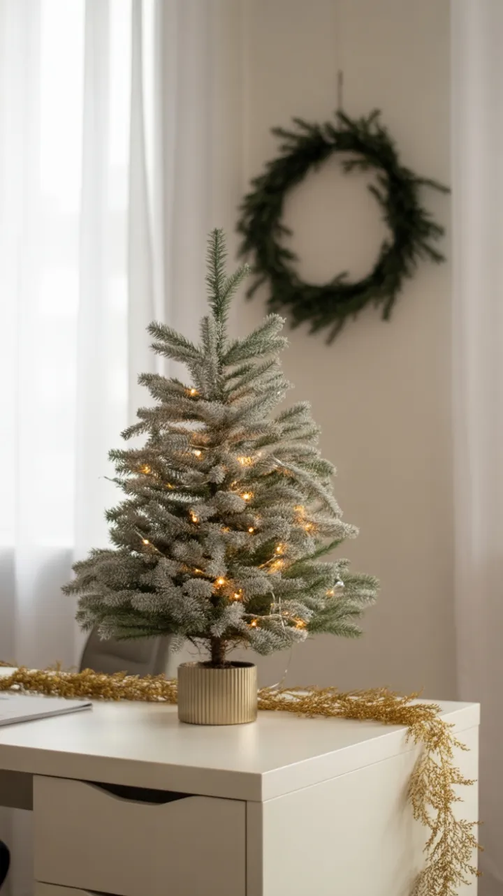 Cozy Minimalist Holiday Desk with Silver Fir and Warm Fairy Lights