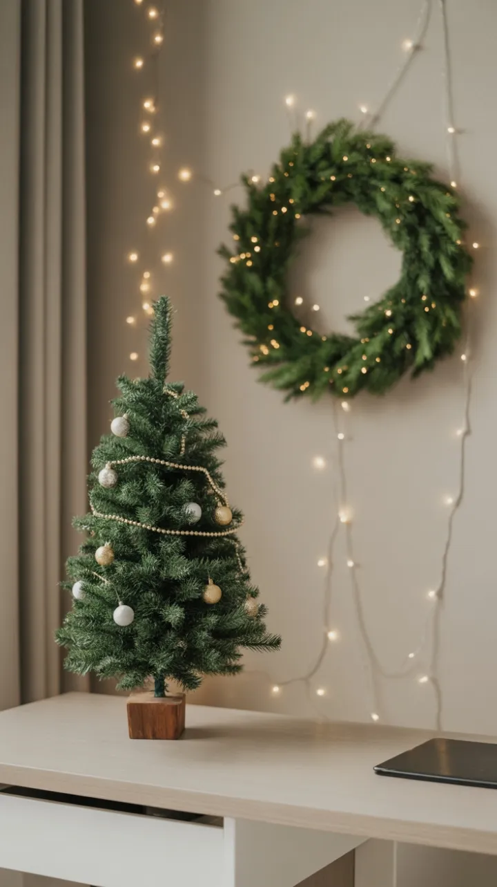 Minimalist Christmas Desk Bathed in Warm Light