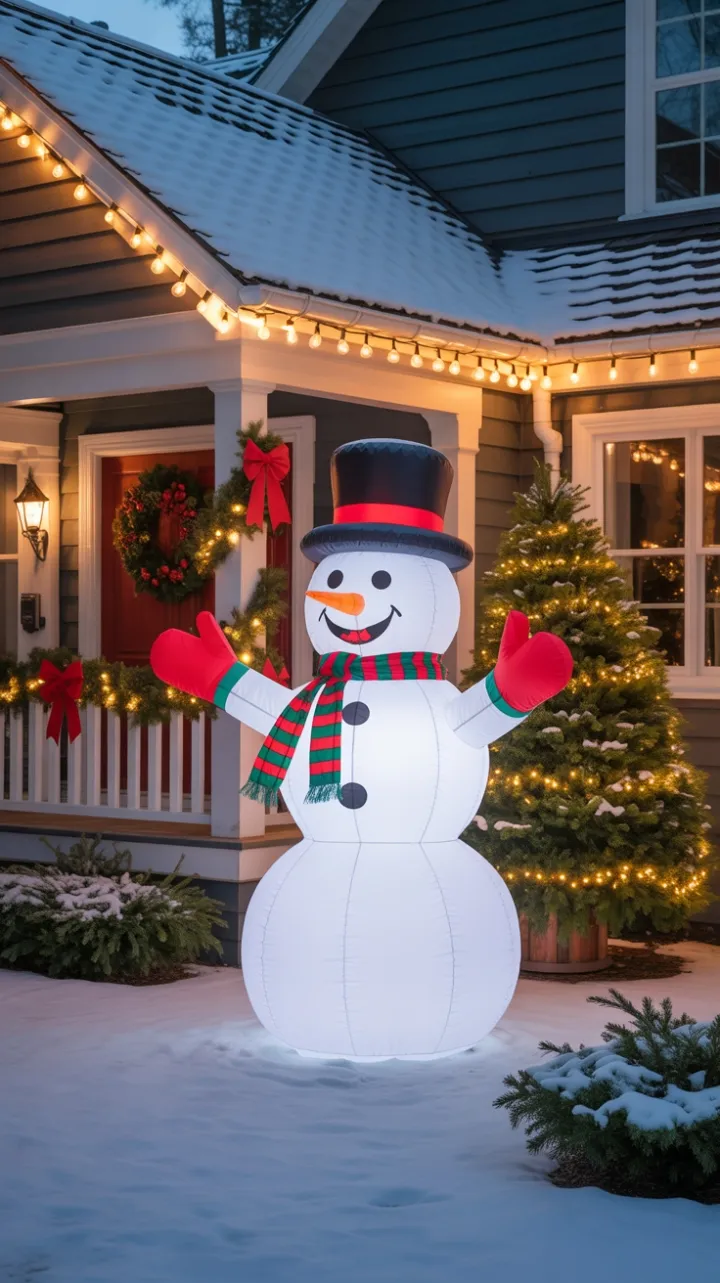 Dusk-Lit Christmas Welcome with a Cheerful Snowman