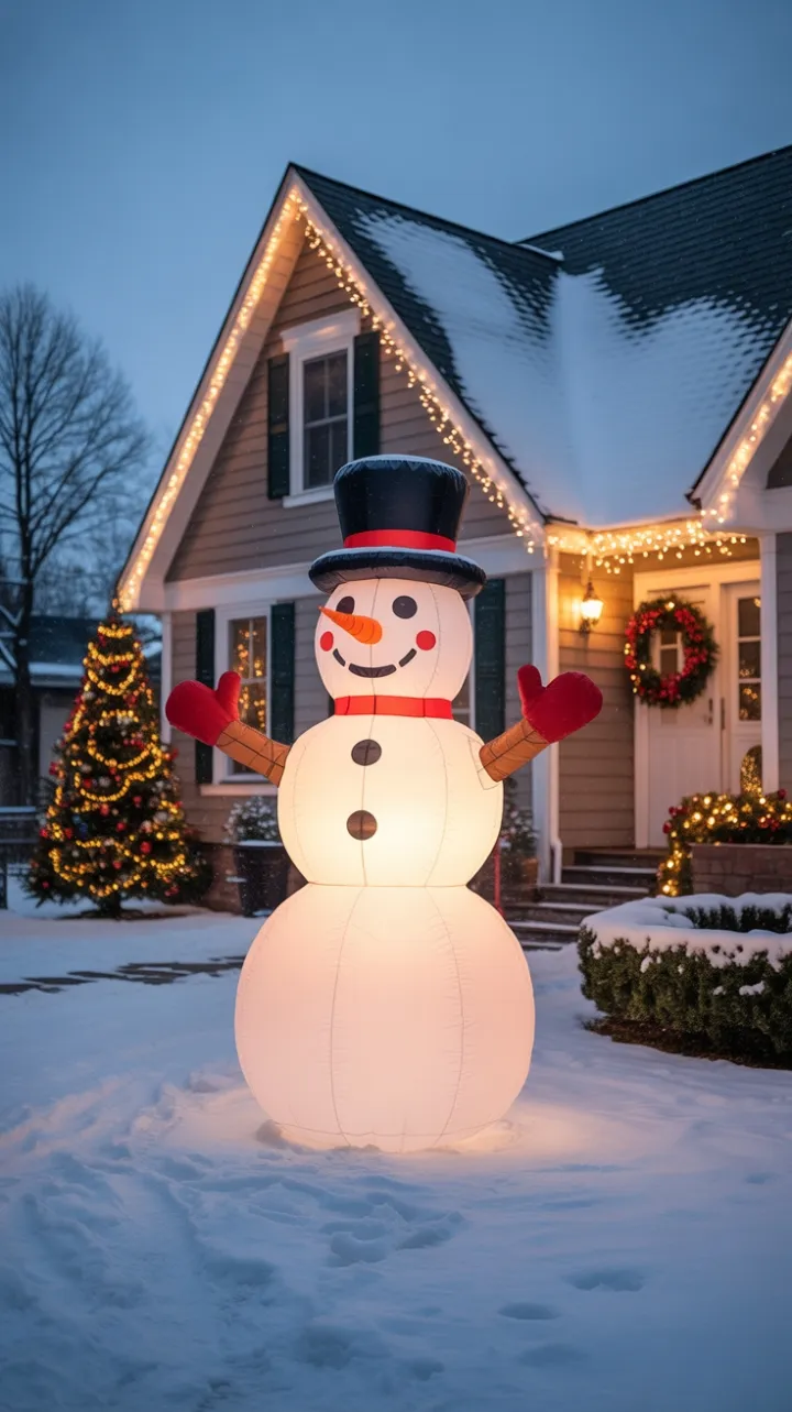 Snowman's Warm Welcome on a Twinkling Winter Eve