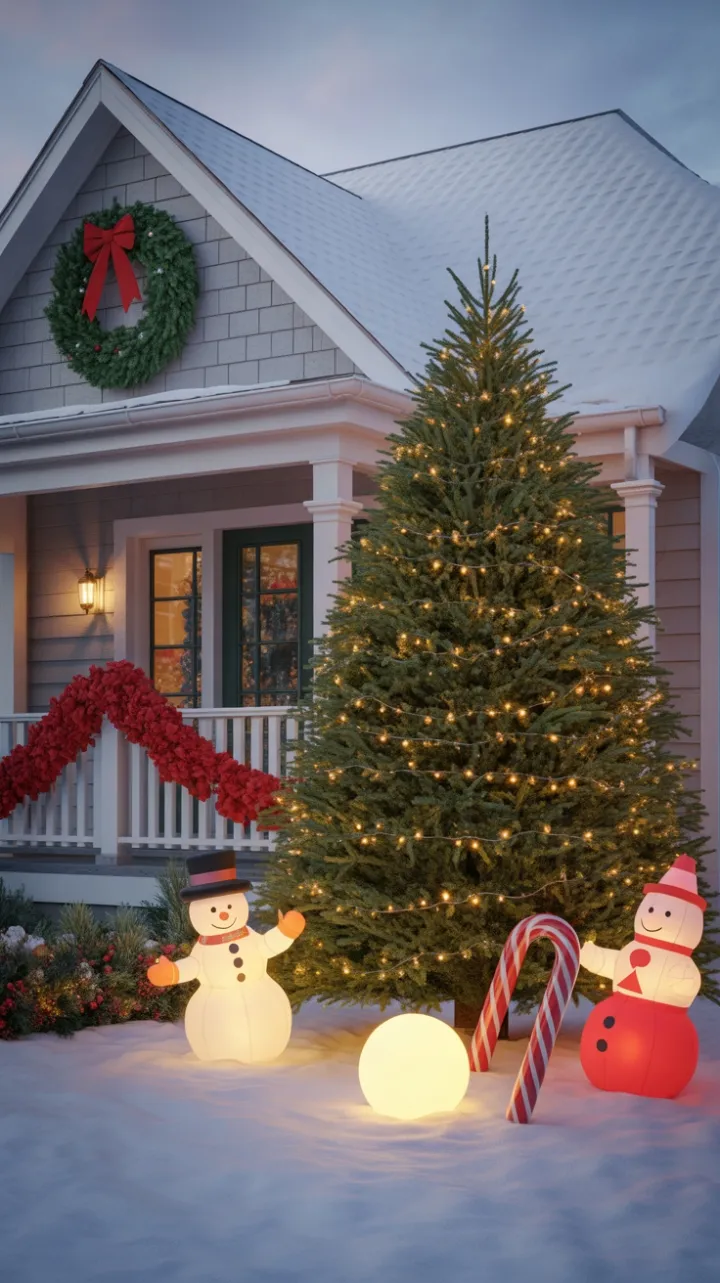 Sunset Glow on a Snow‑Kissed Home Dressed in Holiday Lights