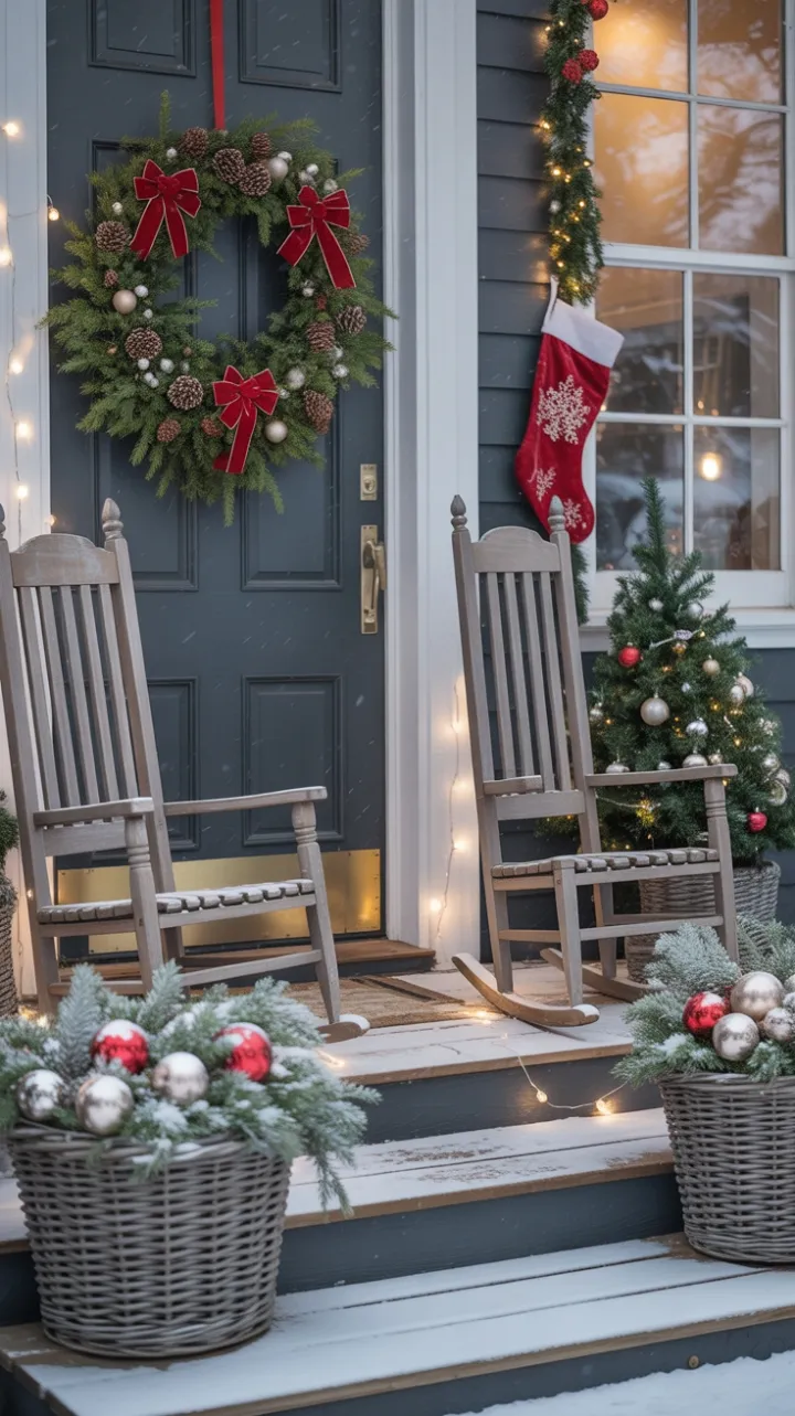 Snow-Kissed Christmas Porch Dressed in Velvet Bows and Warm Fairy Lights