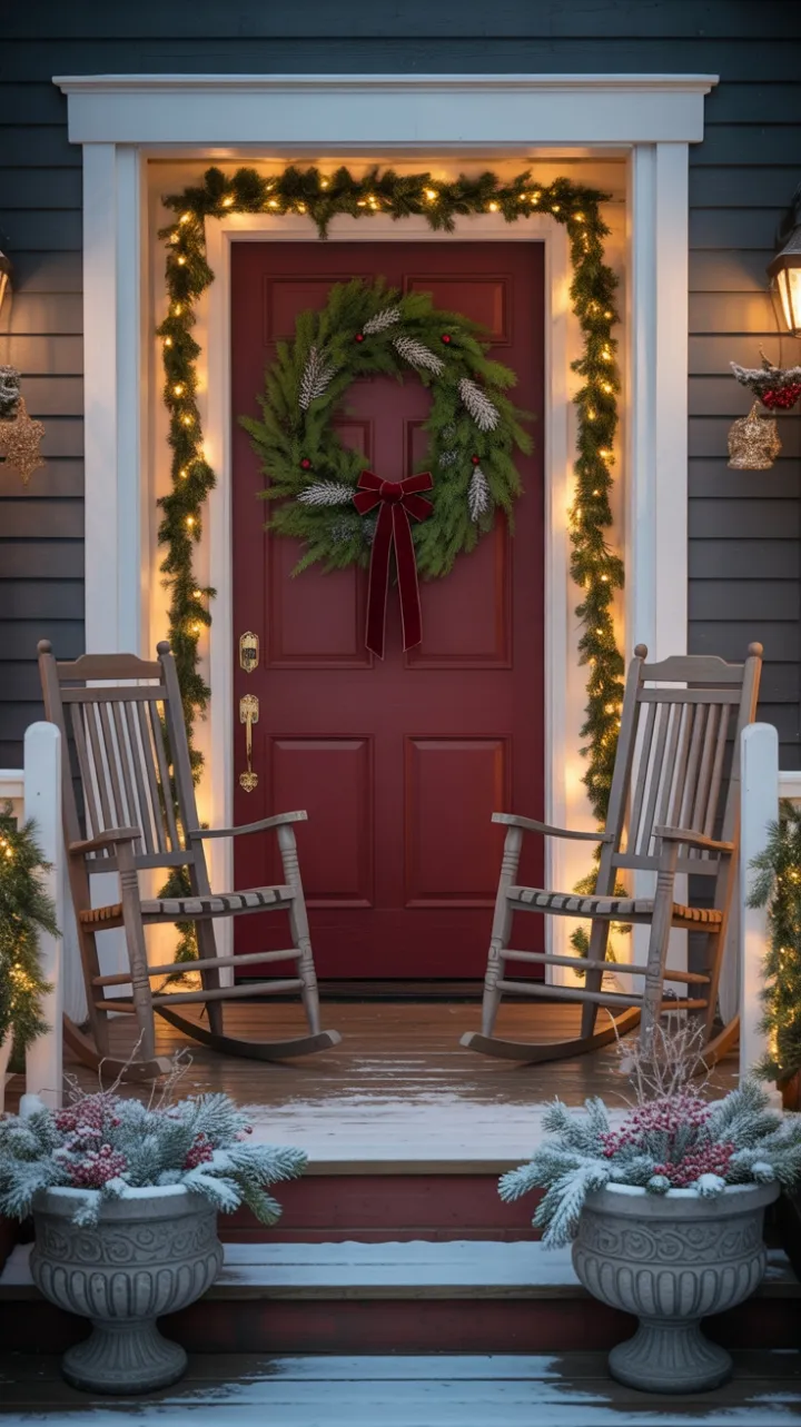 Velvet-Bowed Welcome on a Snow-Kissed Holiday Porch
