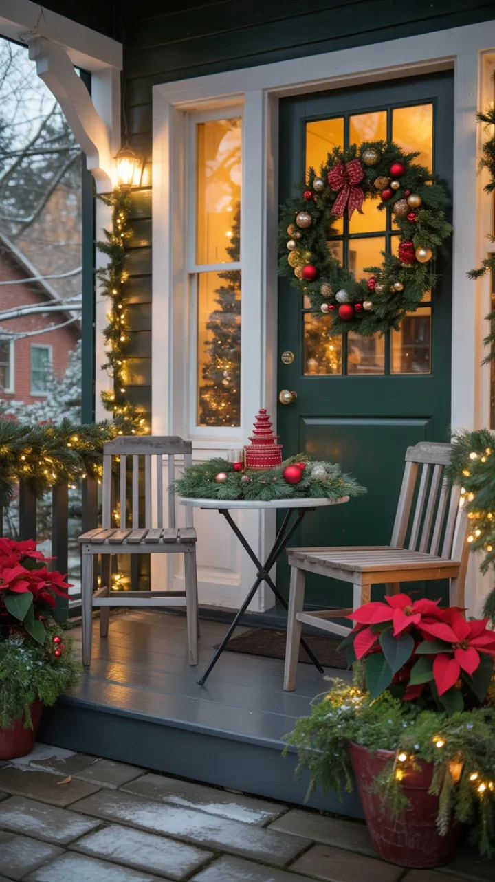 Cozy Christmas Porch Dressed in Evergreens, Poinsettias, and Twinkling Lights