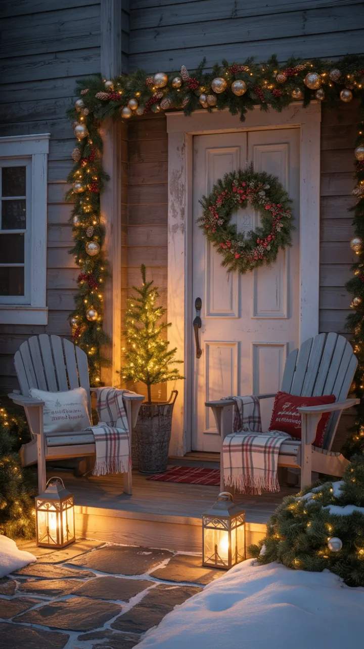 A Cozy Christmas Porch Wrapped in Warm Light and Falling Snow