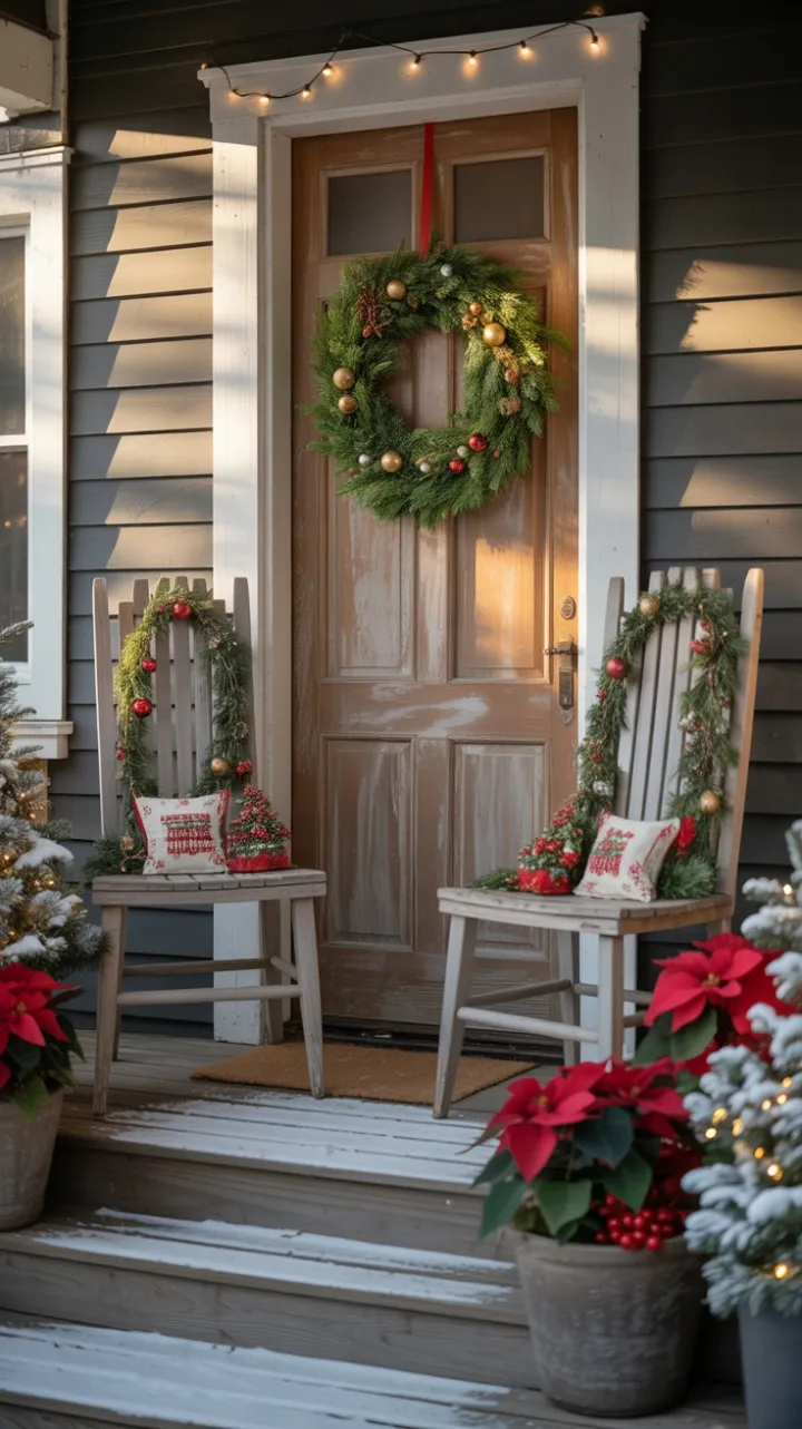 Sunset-Kissed Christmas Porch with Evergreen Wreath and Twinkling Lights