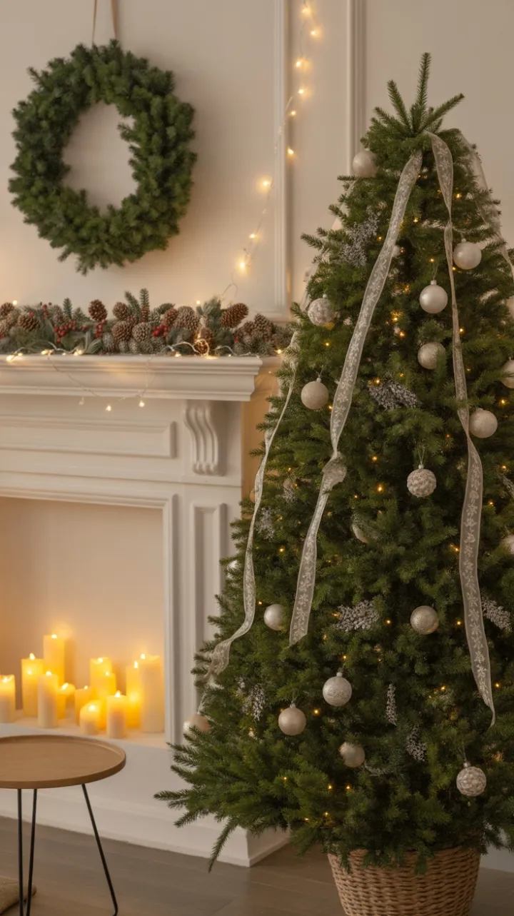 Ivory Glow Christmas – Minimal Elegance with Frosted Evergreens