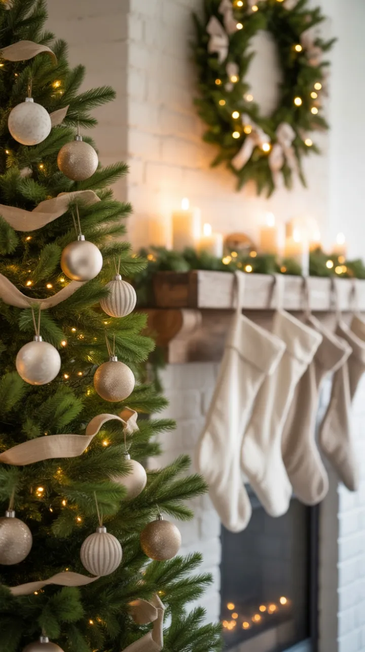 Cozy Neutral Christmas with Jute-Garlanded Fir and Candlelit Stockings