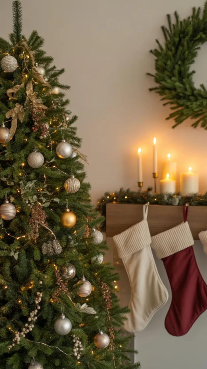 Cozy Christmas Glow – Gold and Silver Fir Draped in Pine and Berries