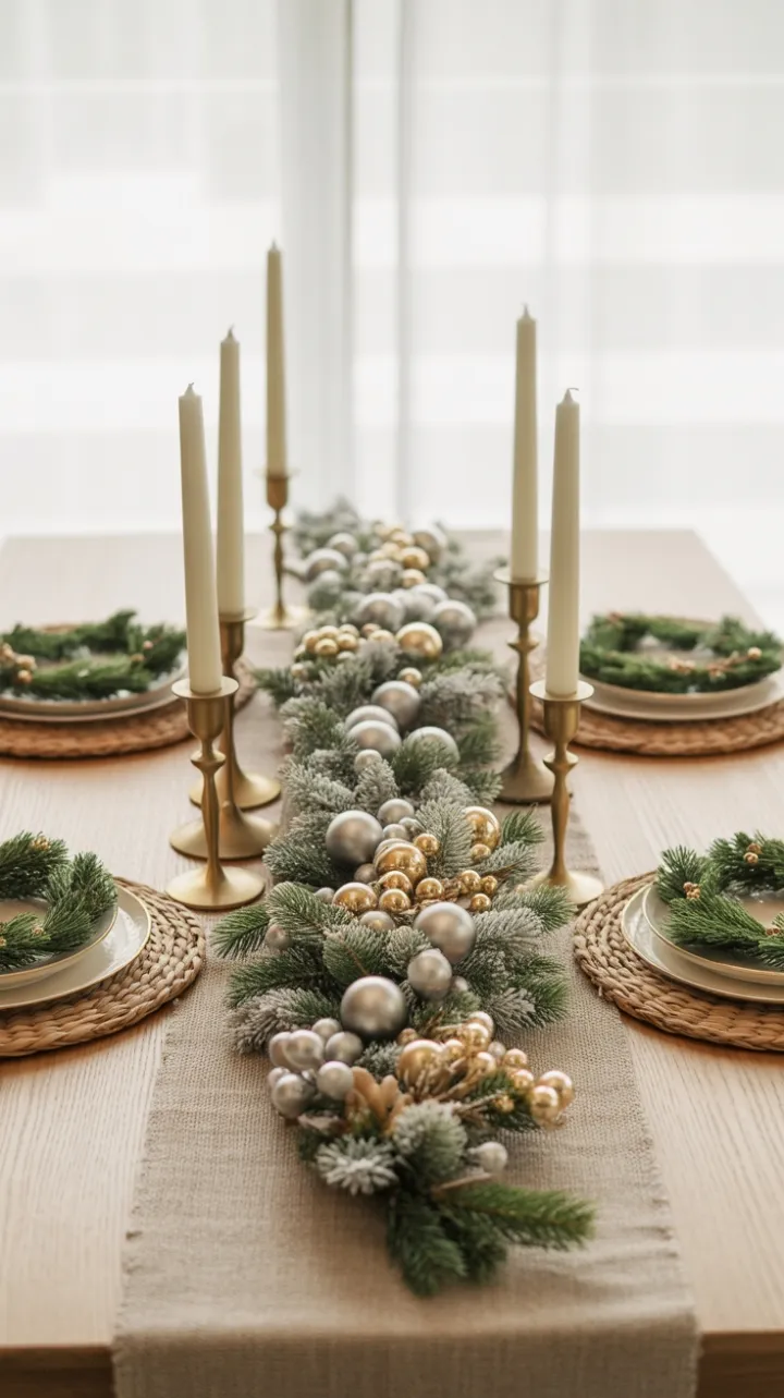 Timeless Holiday Table with Frosted Pines and Golden Glow