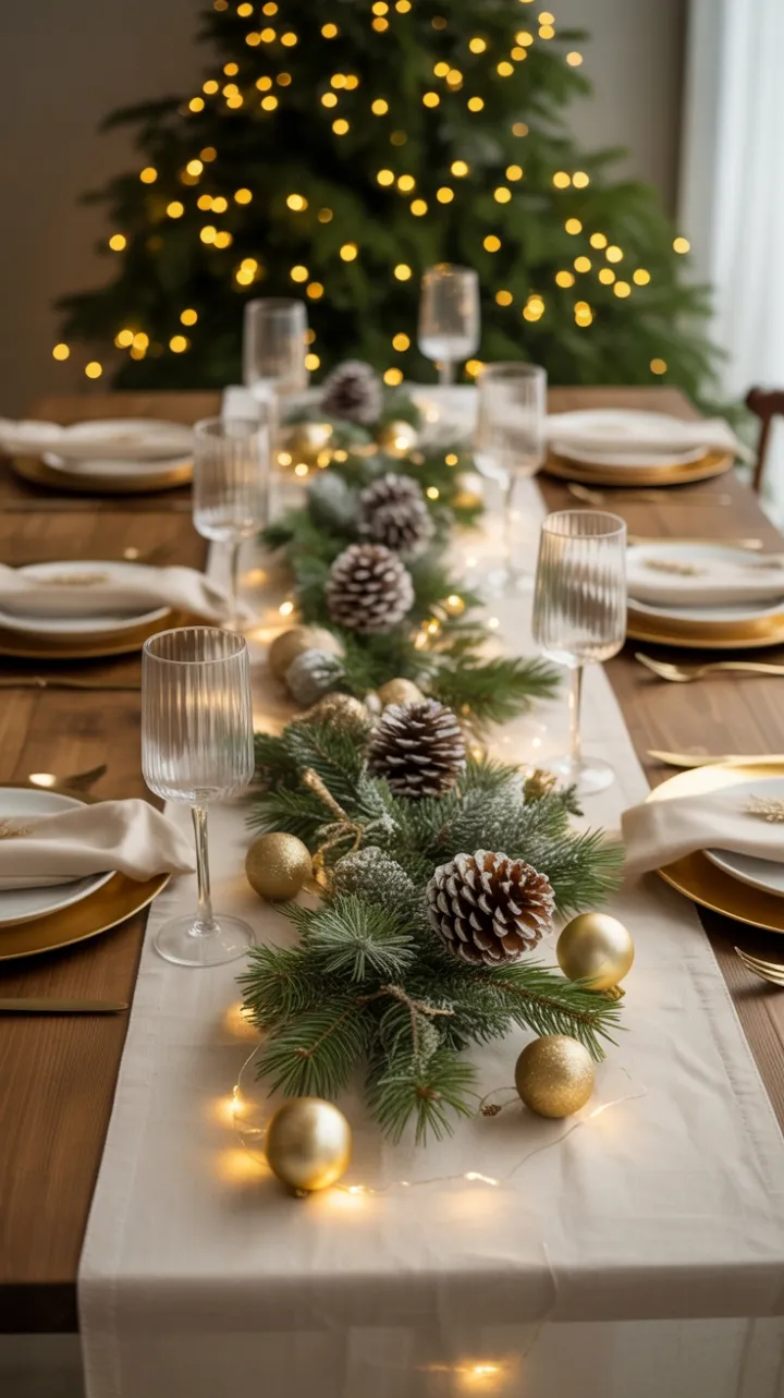 Cozy Christmas Table Dressed in Gold and Evergreen
