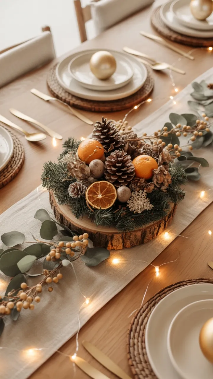 Warm Woodland Christmas Table with Pinecones Dried Oranges and Twinkling Lights