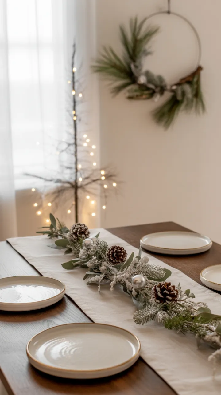 Serene Neutral Christmas Table Dressed in Frosted Pine and Warm Light