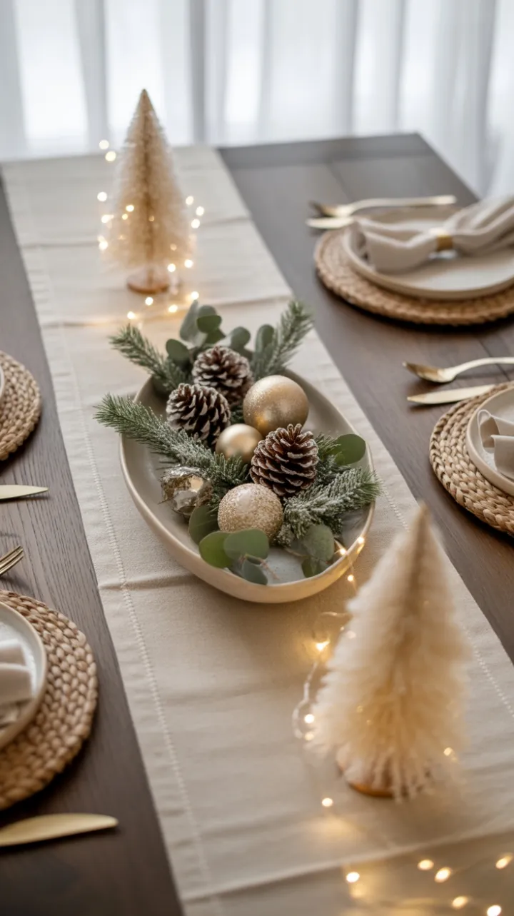 Serene Neutral Holiday Table with Frosted Pinecones and Warm Fairy-Light Glow