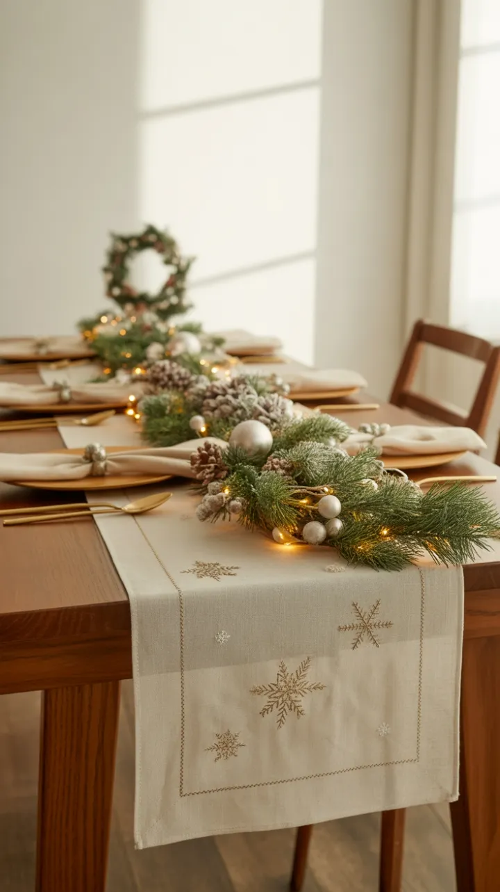 Cozy Christmas Table Dressed in Linen, Pine and Warm Lights