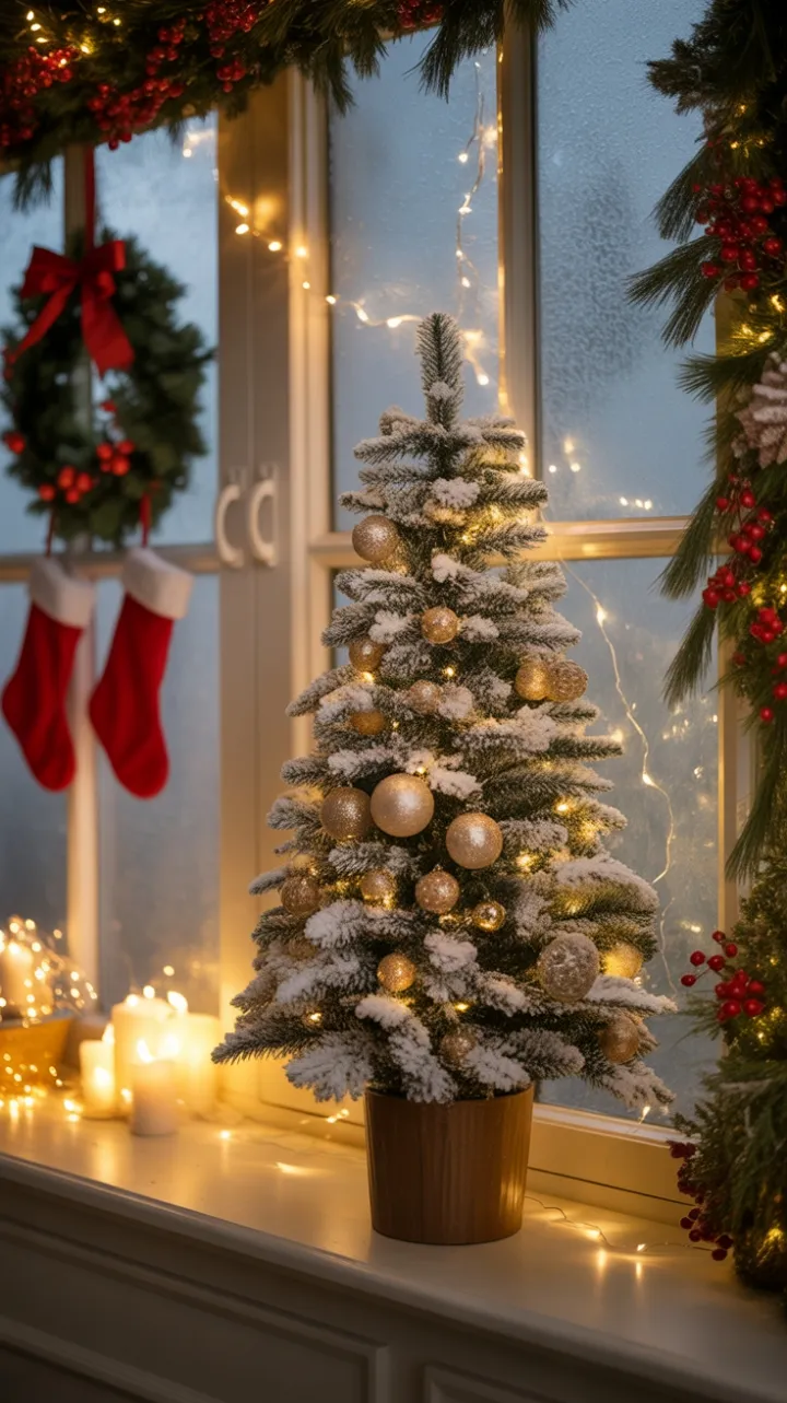 Warm Hearthside Christmas Window with a Snow-Kissed Miniature Tree
