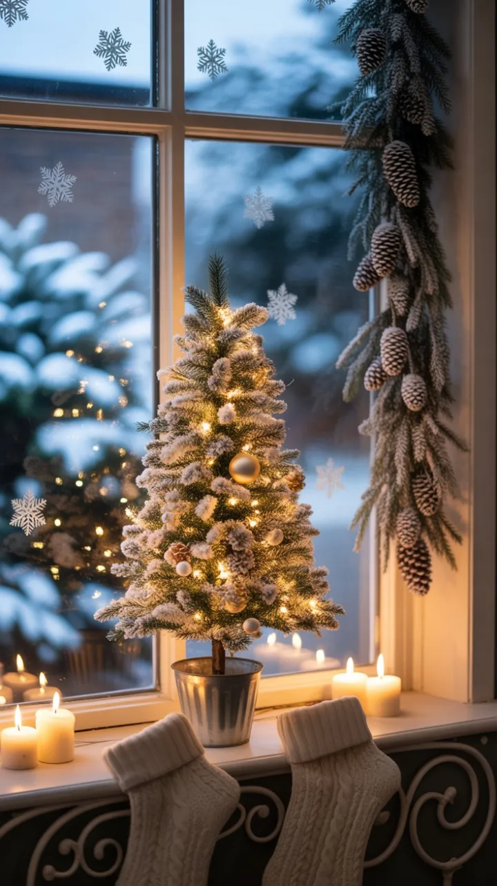 Snow-Kissed Evergreen in a Candlelit Window
