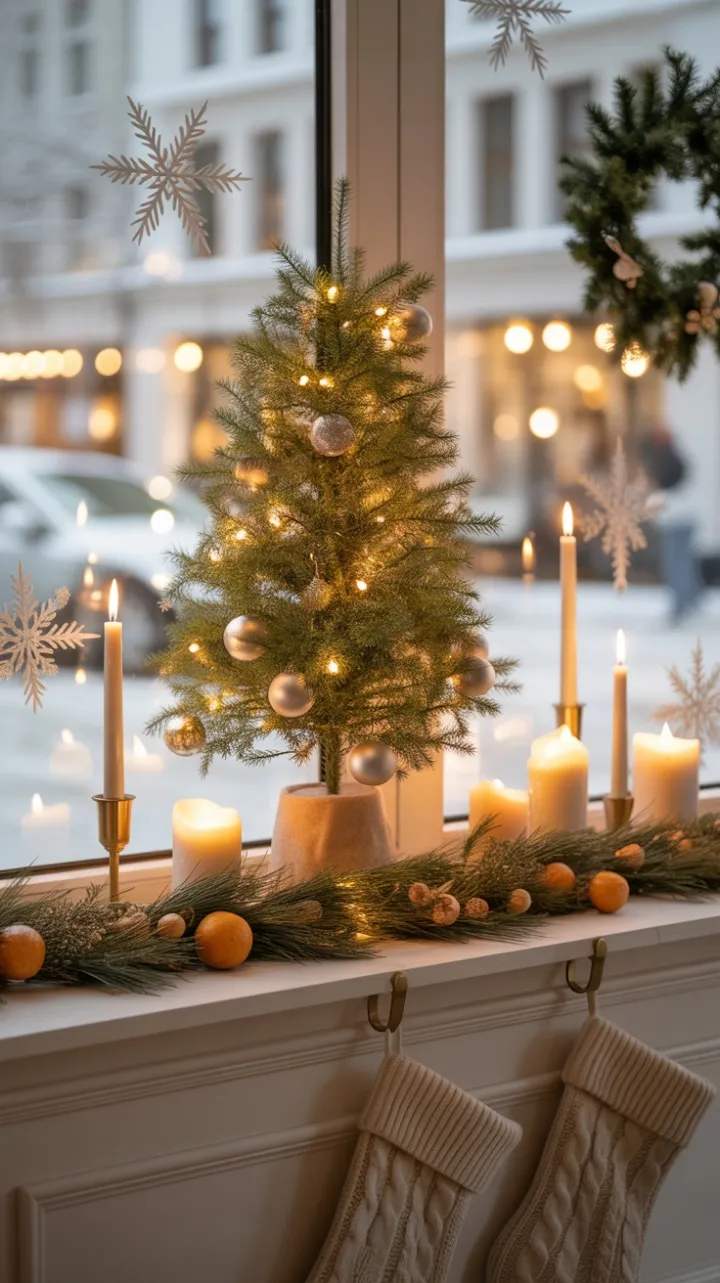 Cozy Neutral Christmas Window with Soft Lights and Natural Accents